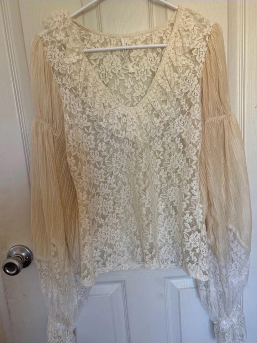 Free People Cream Lace & Pleated Chiffon Long Sleeve Blouse